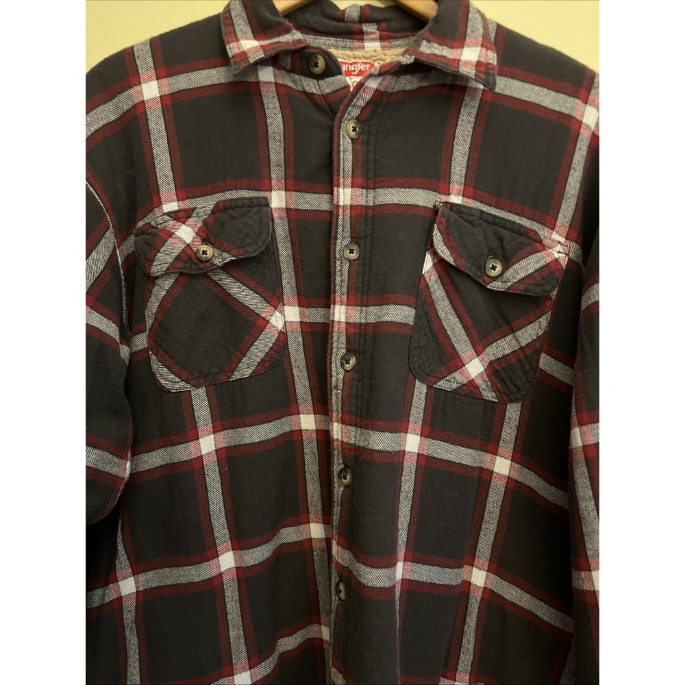 Wrangler‎ Workwear Sherpa Fleece Lined Flannel Jacket Mens Lg Plaid Pockets